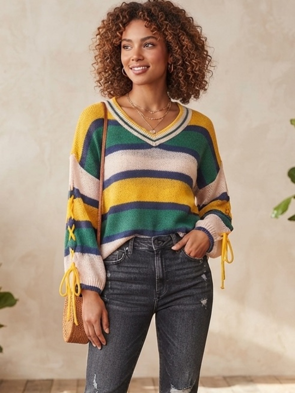 Davi & Dani Striped Loose Knit Lace Up Sleeve Sweater